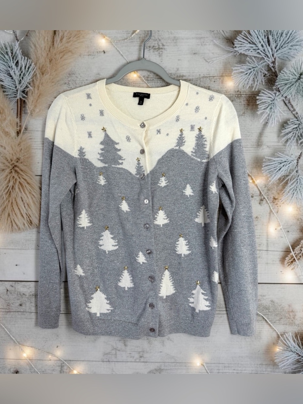 Talbots Petite Holiday Cardigan Cashmere Blend Christmas Tree Small Petite